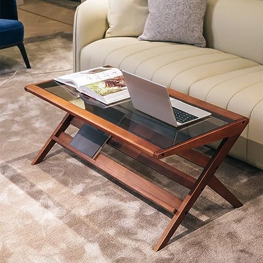 Coffee Table for Living Room, Boxwood-Frame & Tempered Glass Top, Mid Century Modern Coffee Table,Z Shaped Design,Rounded Edge Protection(Walnut Grain)