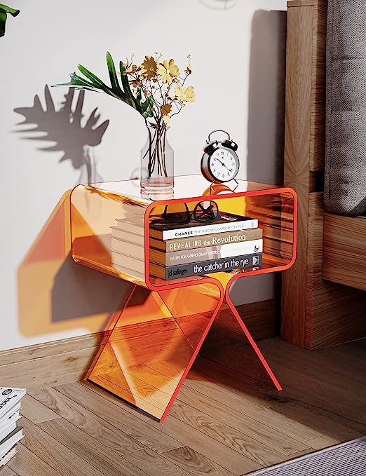 Acrylic Nightstand Side Table Modern Design Clear Home Decor Display End Table for Living Room (Orange)