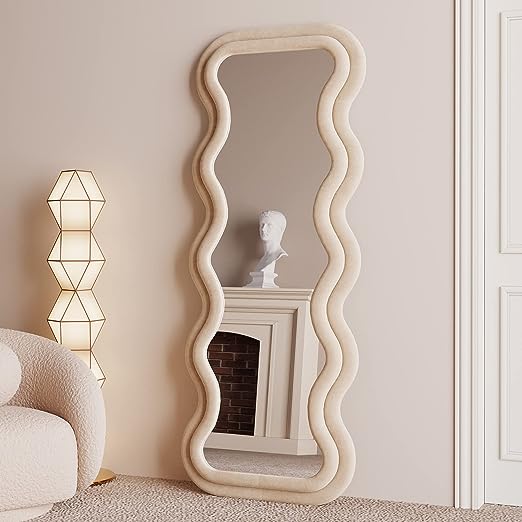 Full Length Mirror 63"x24", Irregular Wavy Mirror, Arched Floor Mirror, Wall Mirror Standing Hanging or Leaning Against Wall for Bedroom, Flannel Wrapped Wooden Frame Mirror -Milk Tea Color