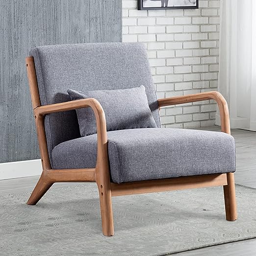 Mid Century Modern Accent Chair with Wood Frame, Upholstered Living Room Chairs with Waist Cushion, Reading Armchair for Bedroom Sunroom (Dark Grey)